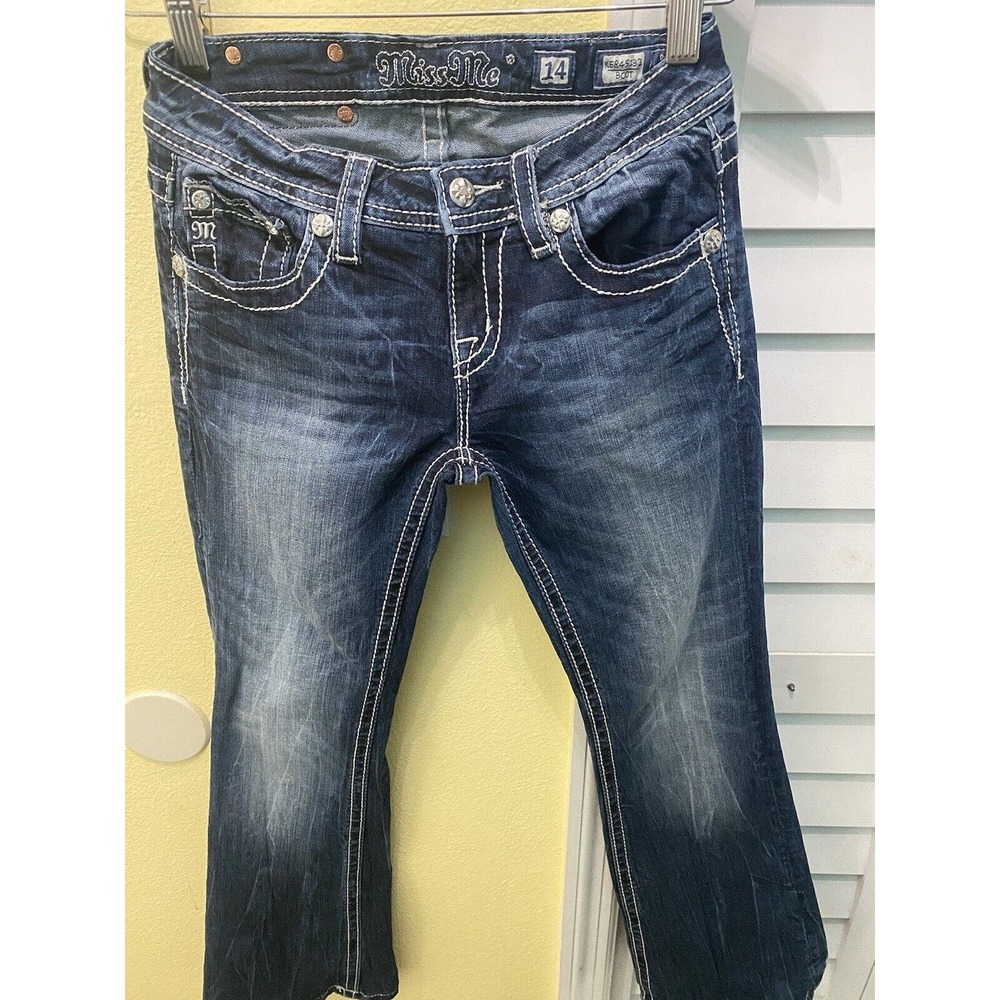 Miss Me Jeans Juniors 14 Blue Boot Cut Embellished Rhinestone Faded Denim Logo